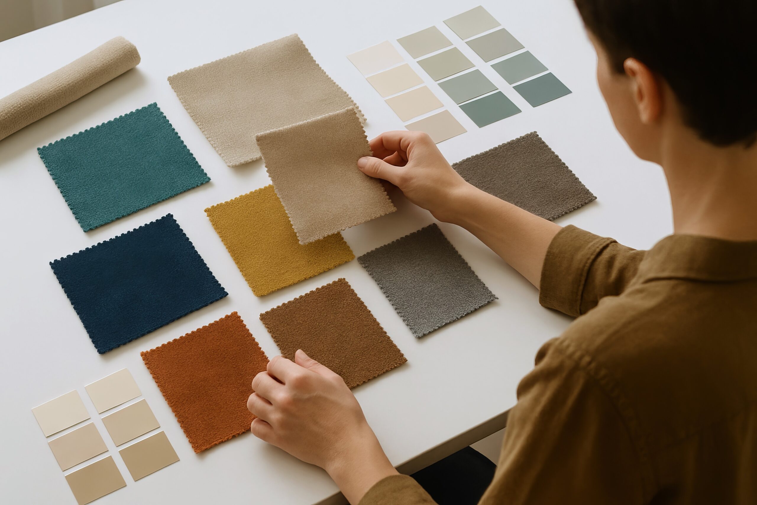 Woman choosing fabric swatches and color palette samples for interior design project. Concept of textile selection, home decor planning, color coordination, creative workspace, material matching.